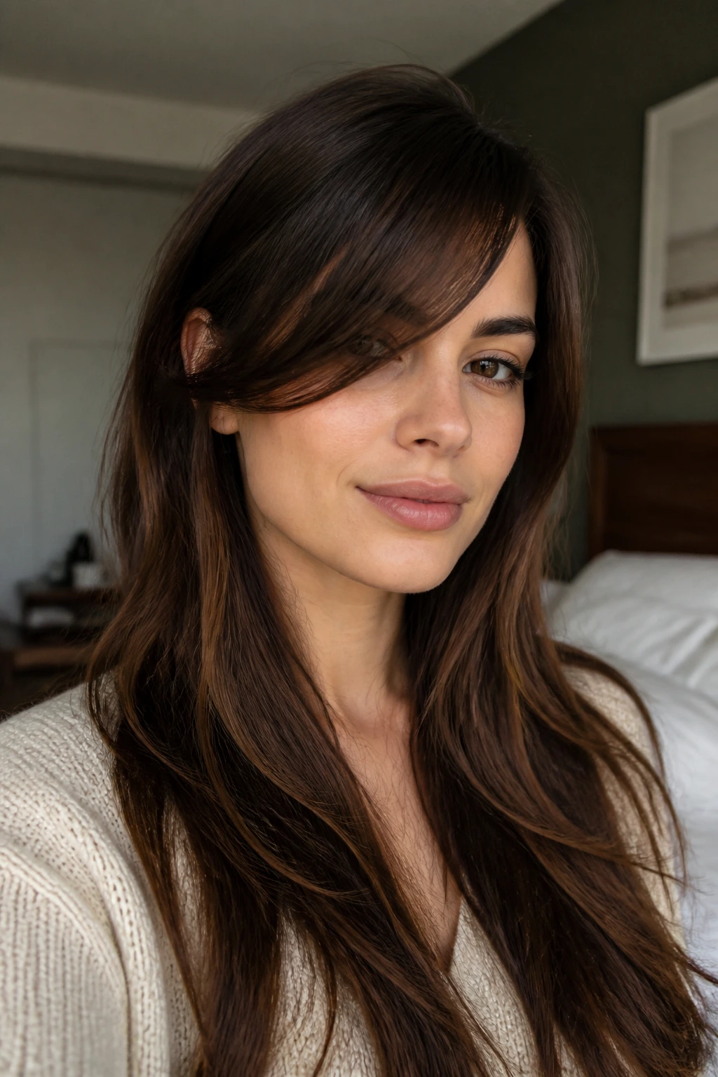 Close-up of a real woman with long, side-swept swoop bangs in warm natural light