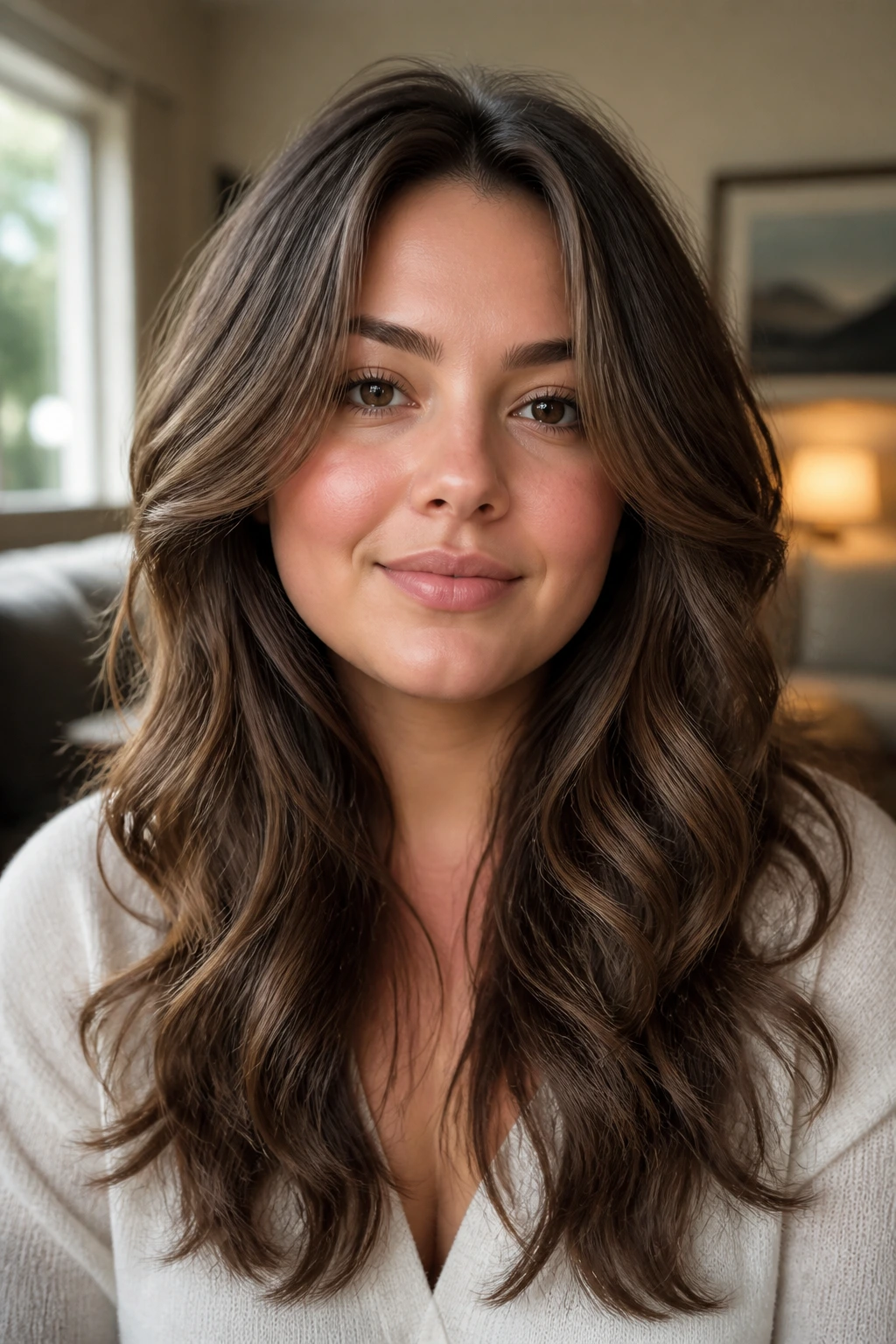 Close-up portrait of a real woman with long swoops narrowing the cheeks and soft waves