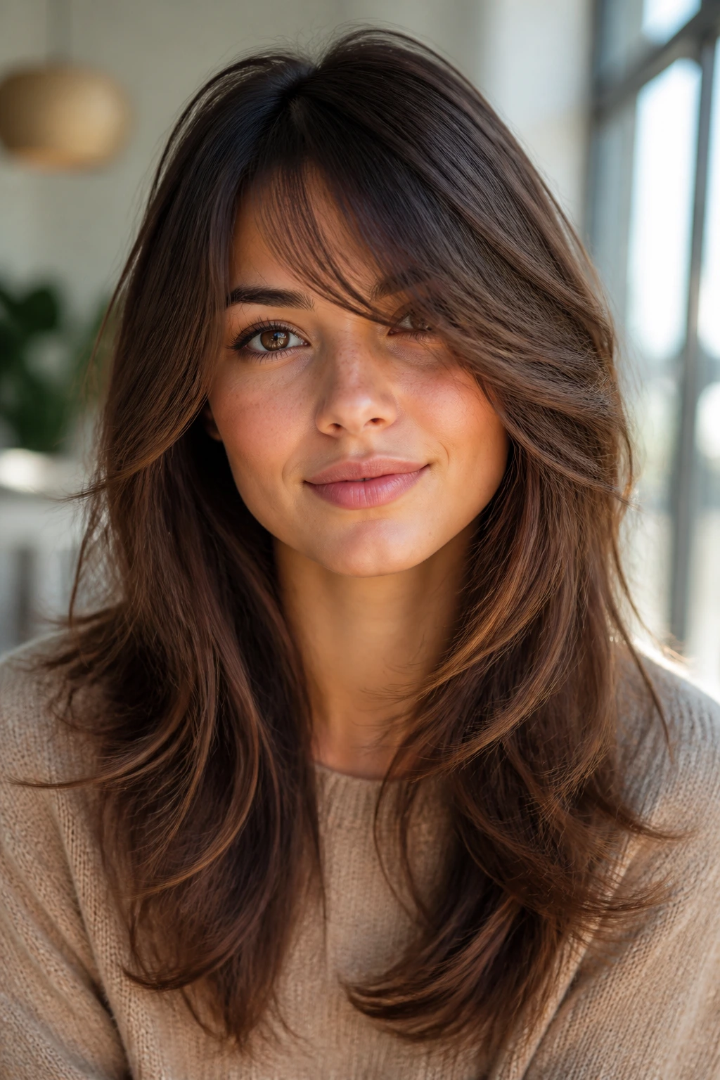 Close-up of a real woman with long swoopy layers and side-swept bangs in natural light