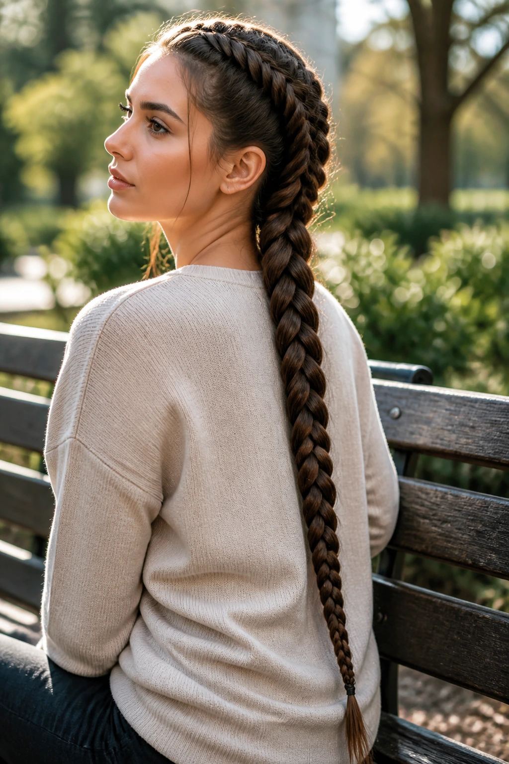 Close-up of a real person with a long Dutch braid extending down the length