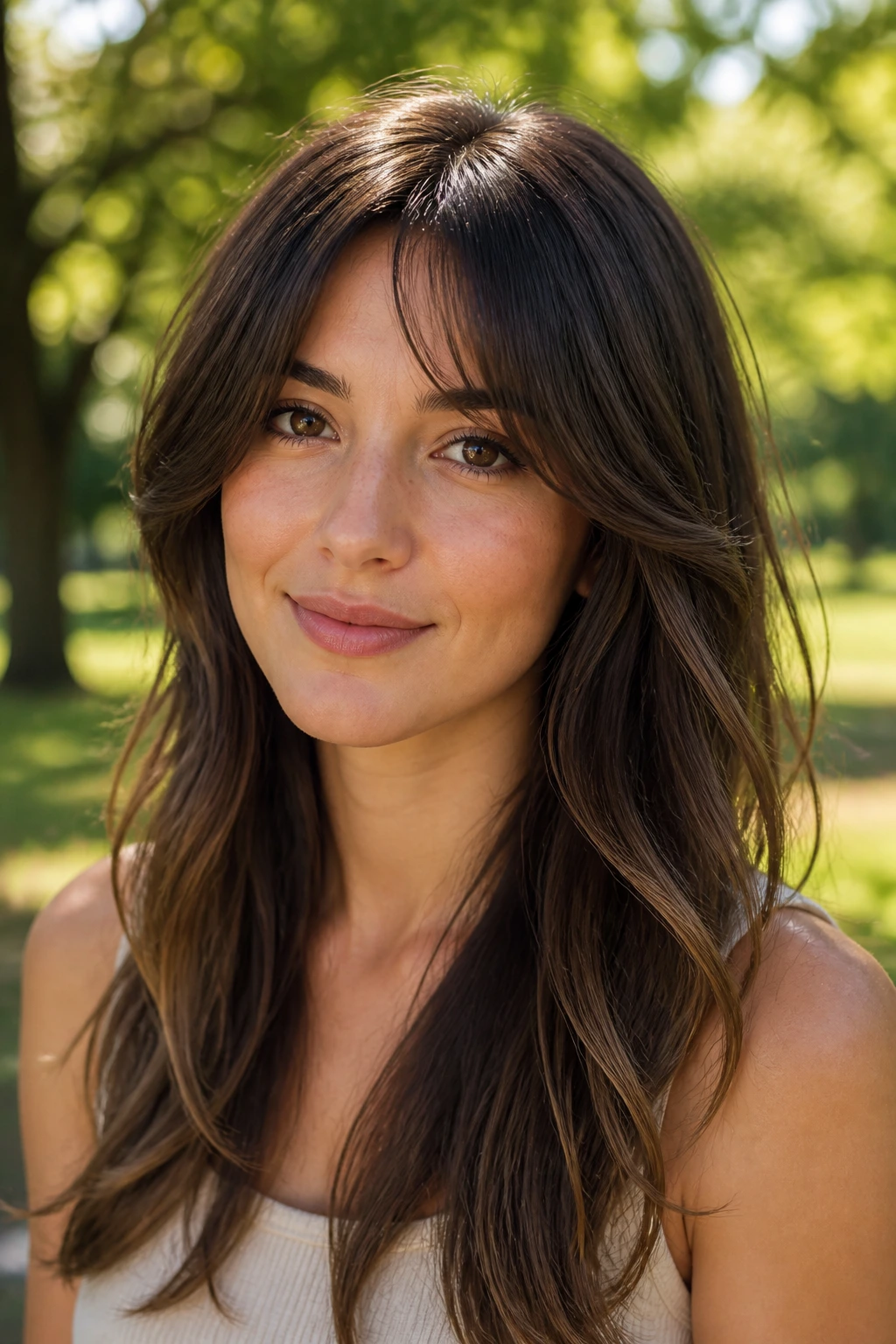 Close-up of a real woman with long tapered bangs