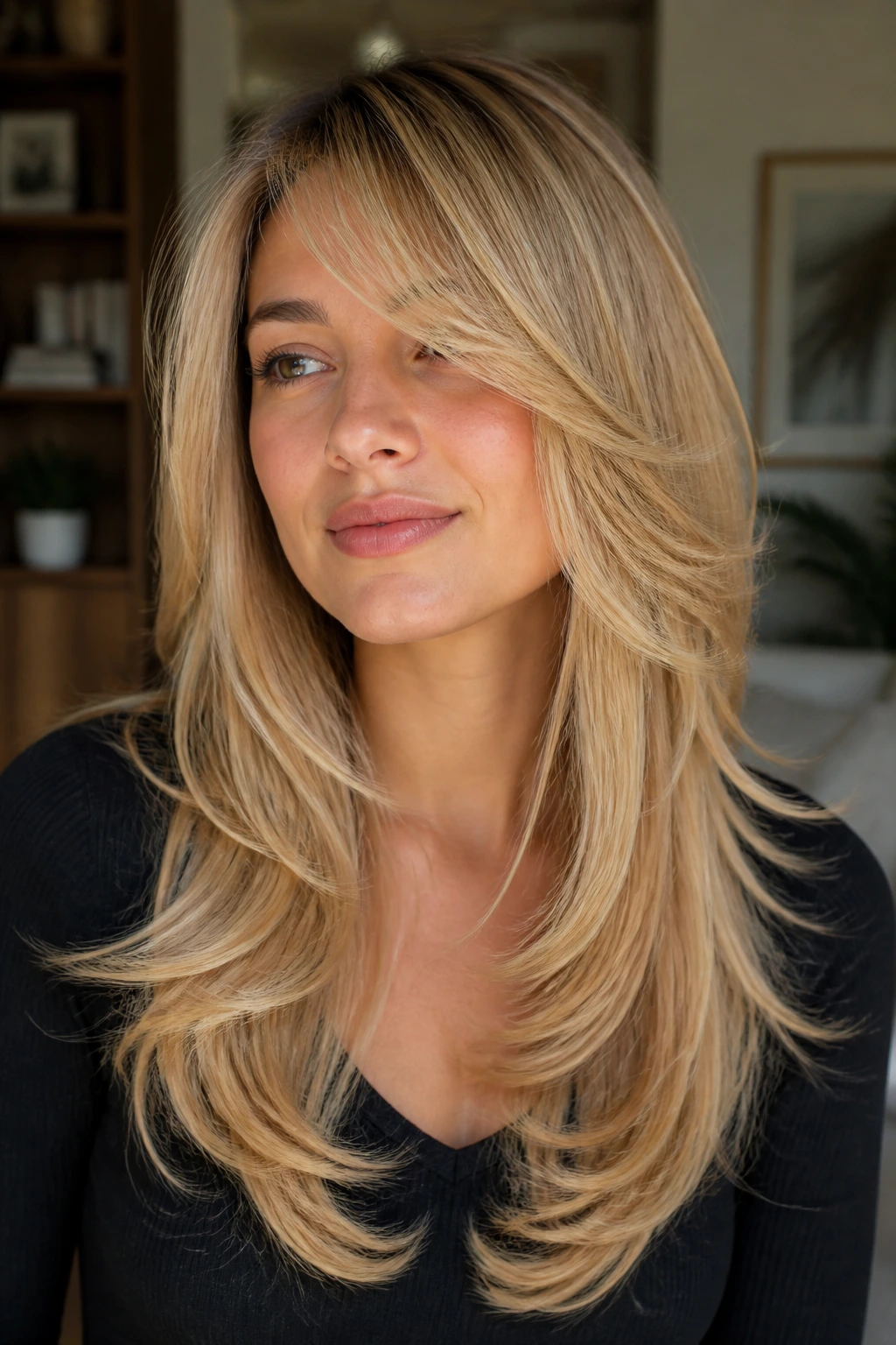 Portrait of a woman with long tapered layers and flicked ends.