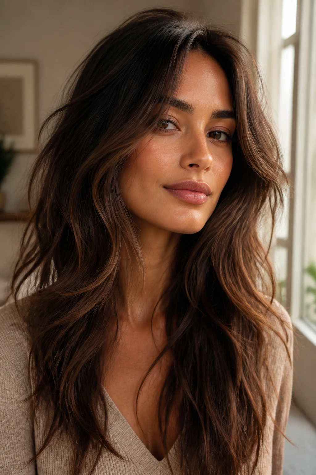 Portrait focusing on long textured hair framing the face on medium skin tone