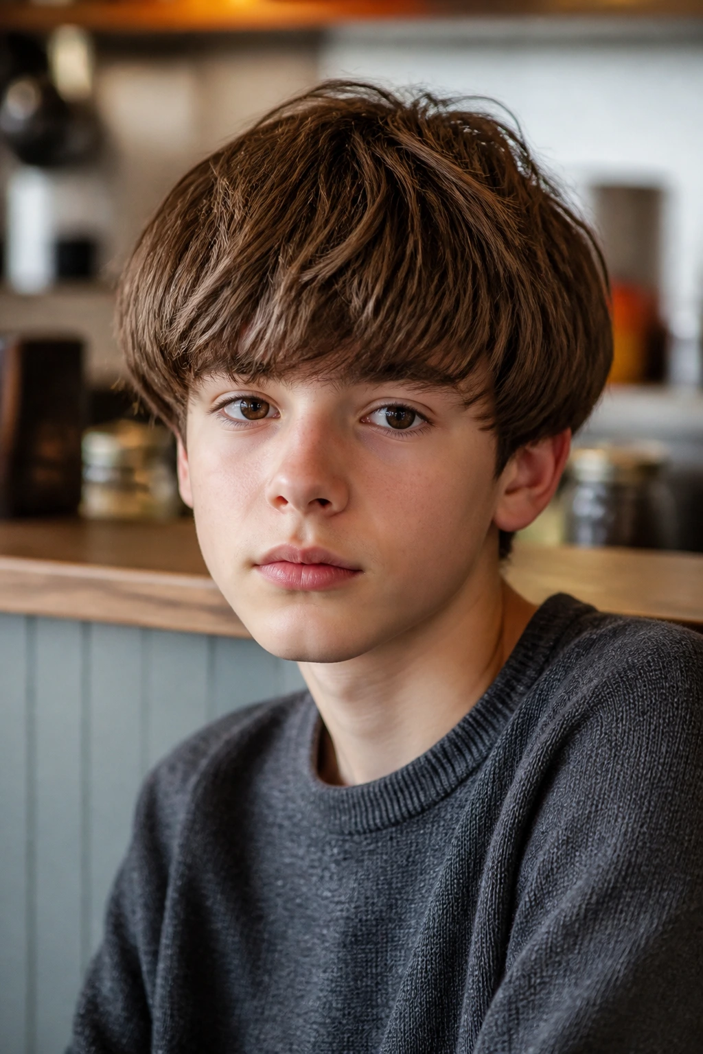 Boy with textured bowl cut showing soft rounded perimeter and fringe above brows.
