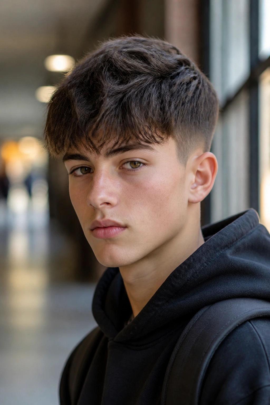 Boy with long textured crop hairstyle in natural light