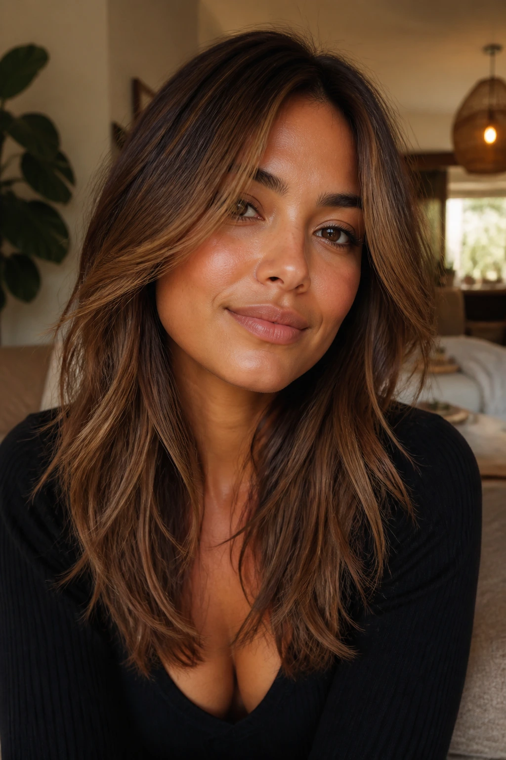 Close-up portrait of a real person with a long textured haircut that frames the face around the cheekbones.