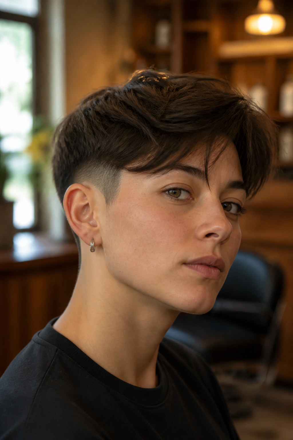 Close-up portrait of a real person showcasing a long top crop hairstyle in a salon