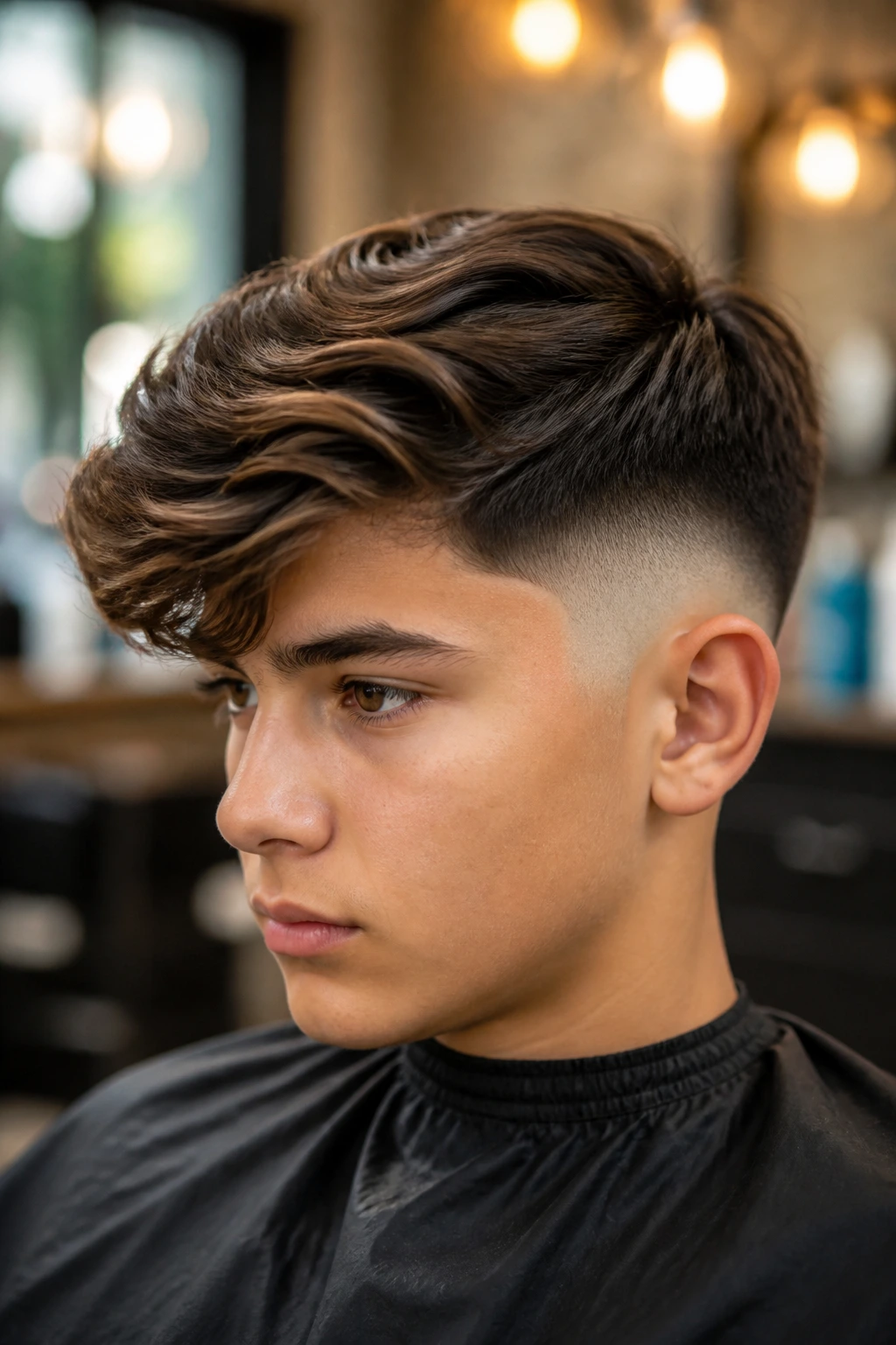Close-up portrait of a real boy with a long top and low skin fade