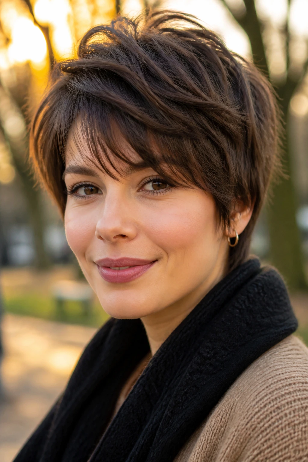Close-up of a real woman with a long-top layered shag pixie showing textured crown