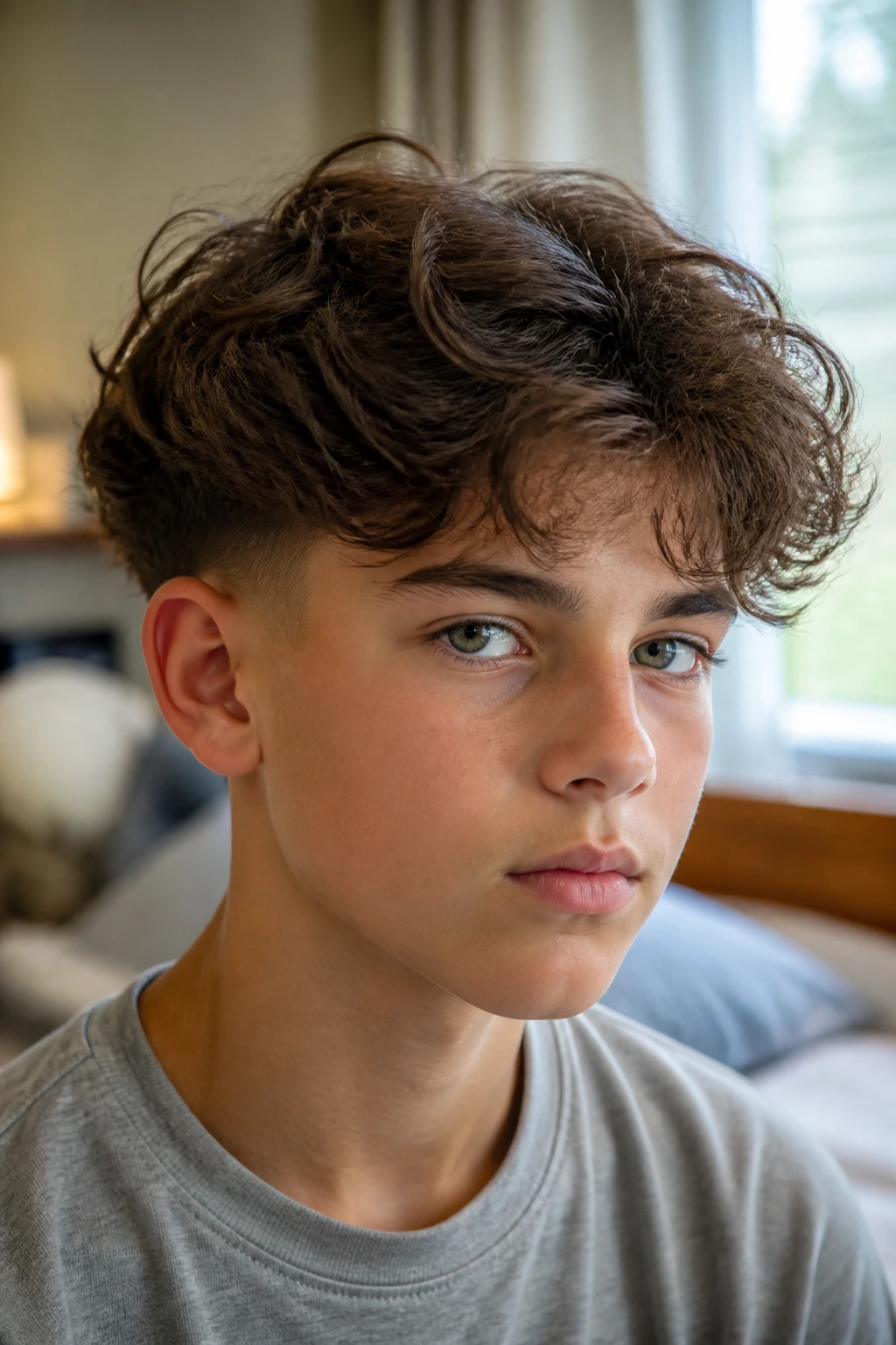 Close-up portrait of a real boy with long top and low taper hairstyle.