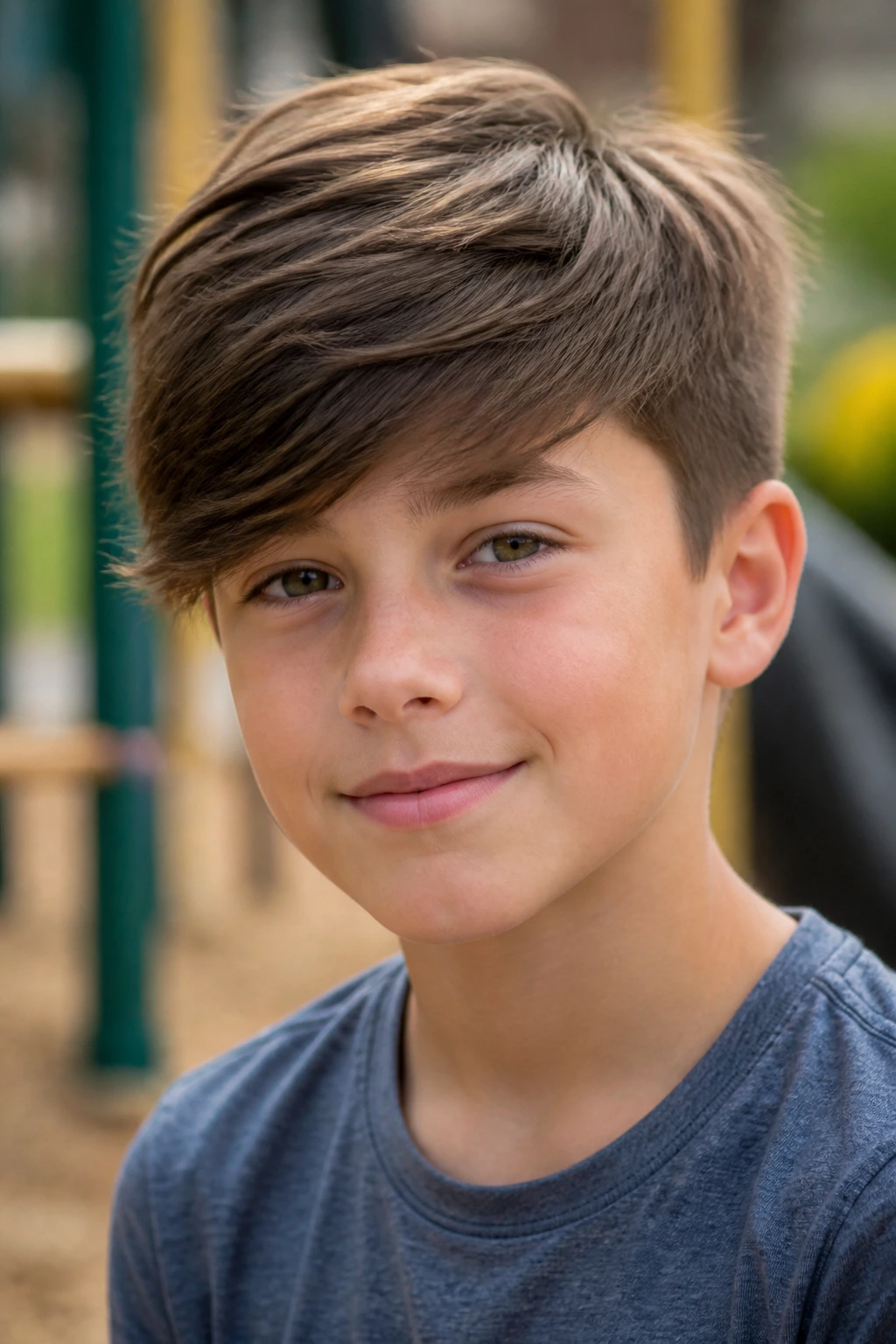 Boy with long-top mop hairstyle and tapered sides in an outdoor playground.
