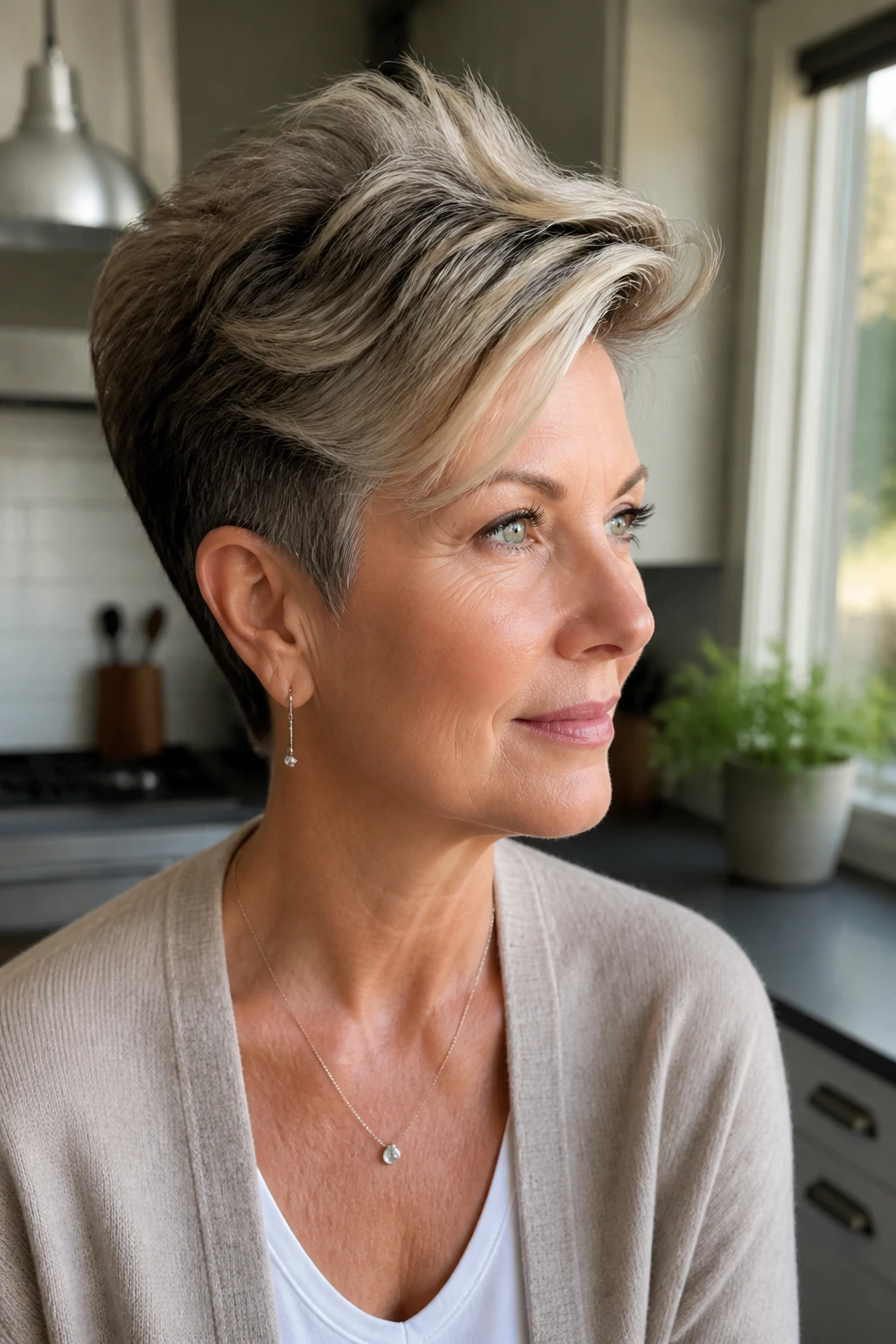 Real woman with long-top pixie showing crown lift