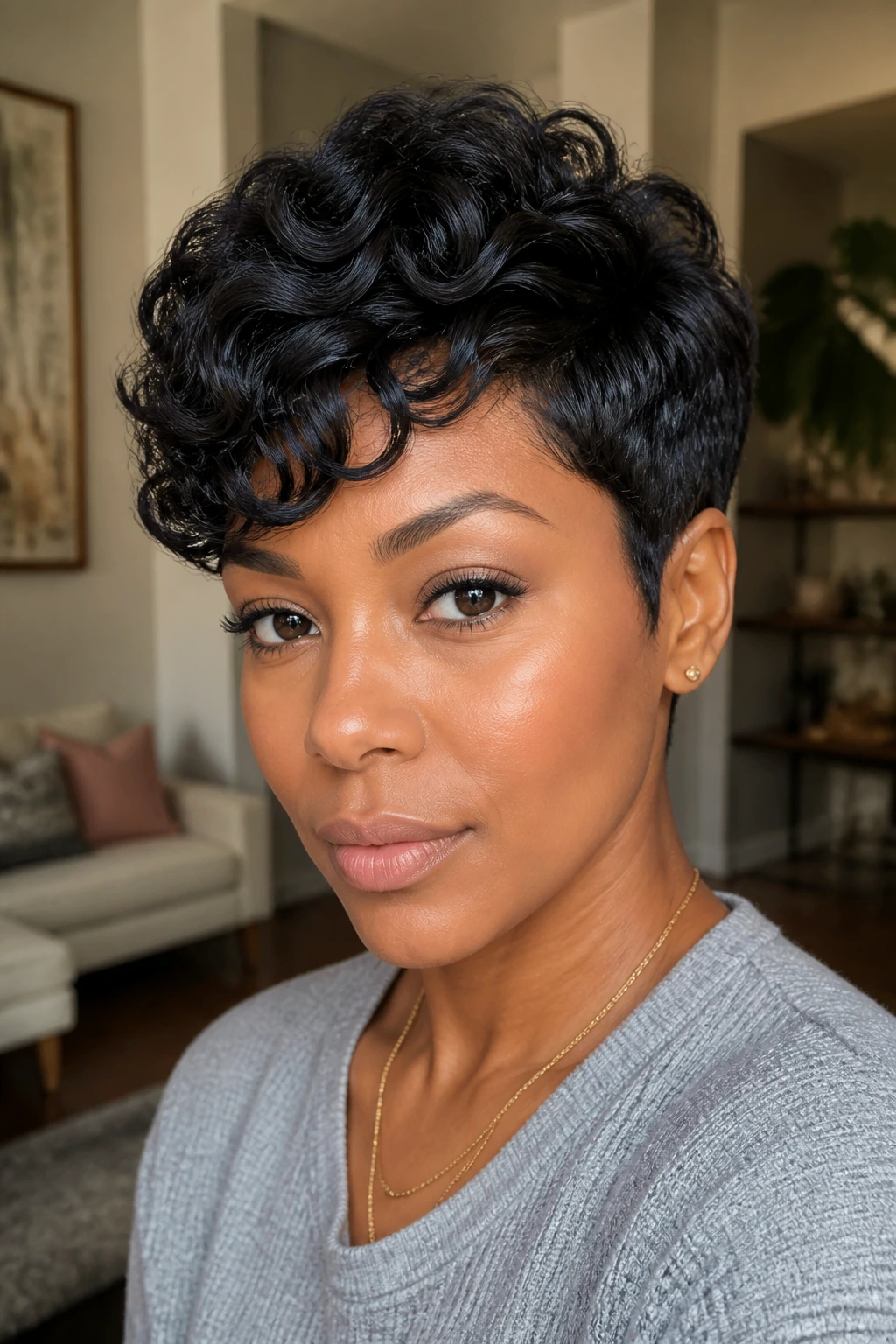 Close-up portrait of a real woman with a Long-Top Pixie hairstyle, top curls, cropped sides, in natural window light.