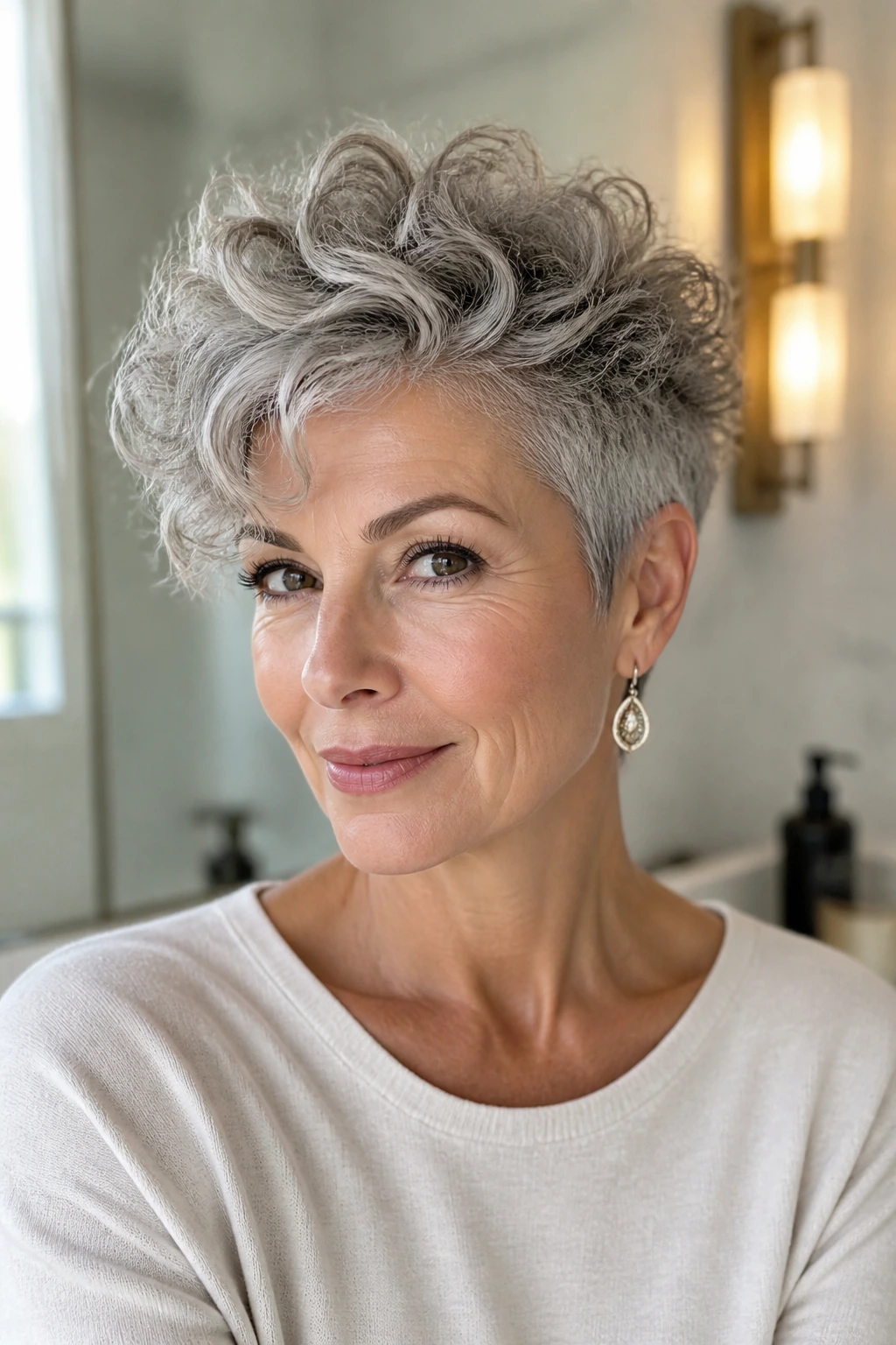 Real woman with a long-top curly pixie showing grow-out-friendly silhouette.