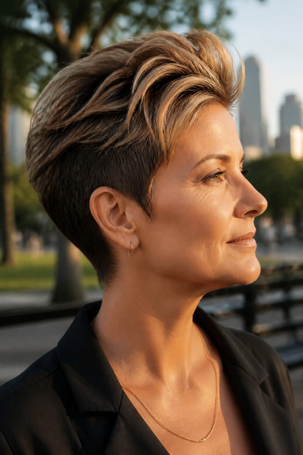 Portrait of a real woman with a long-top pixie and lifted crown showing caramel highlights