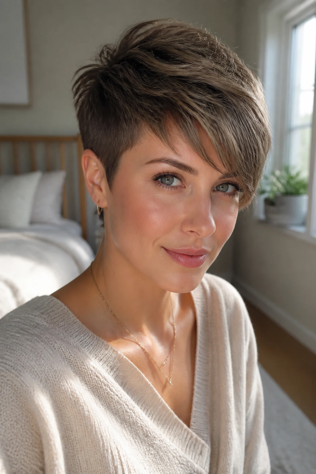 Close-up portrait of a real woman with a long-top pixie under daylight