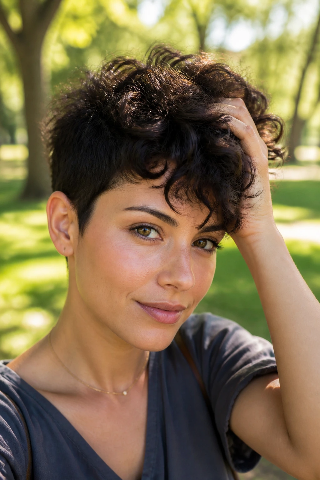 Close-up portrait of a real woman with a long-top pixie hairstyle.