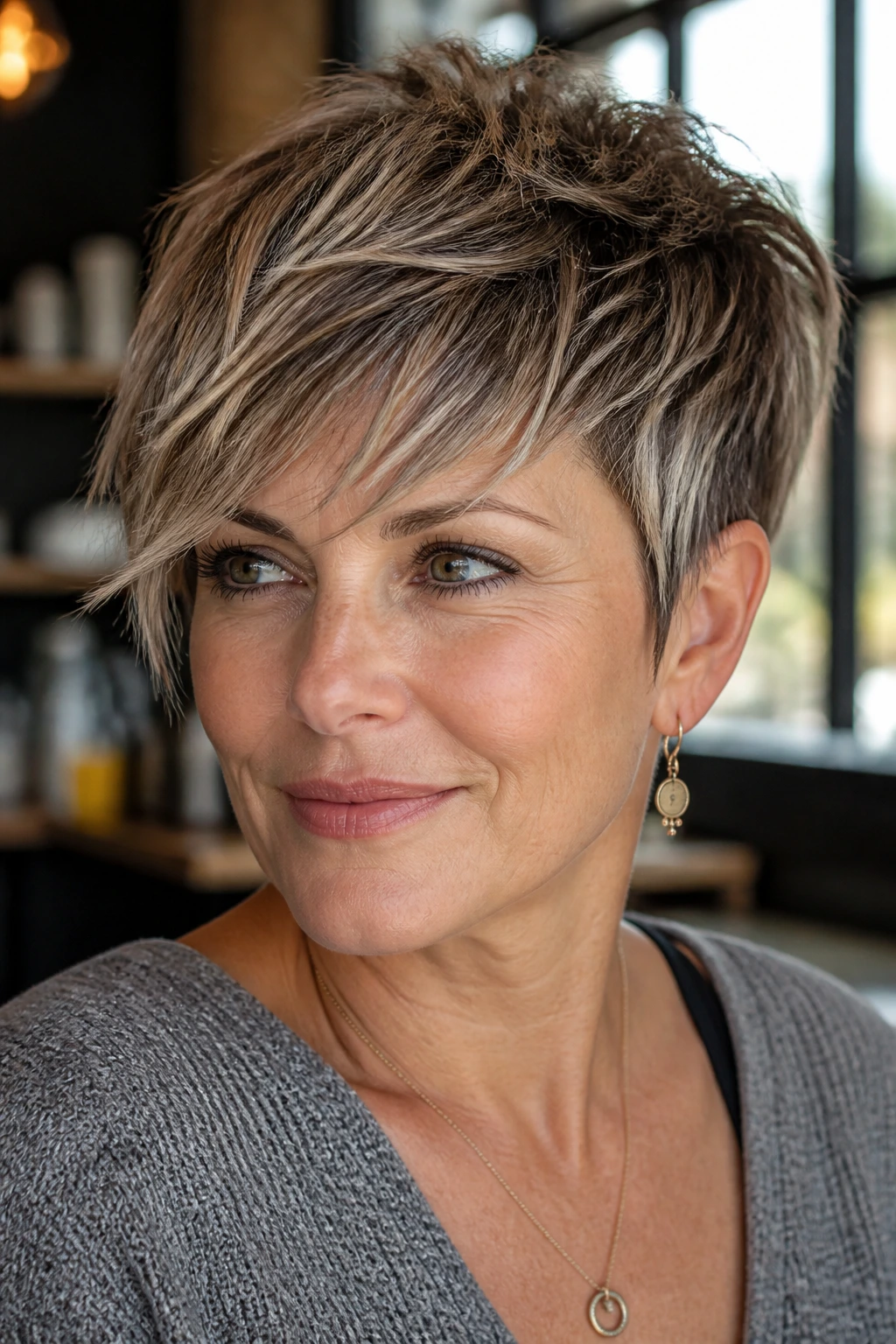 Portrait of a real woman with long-top short-sides pixie in a chic cafe