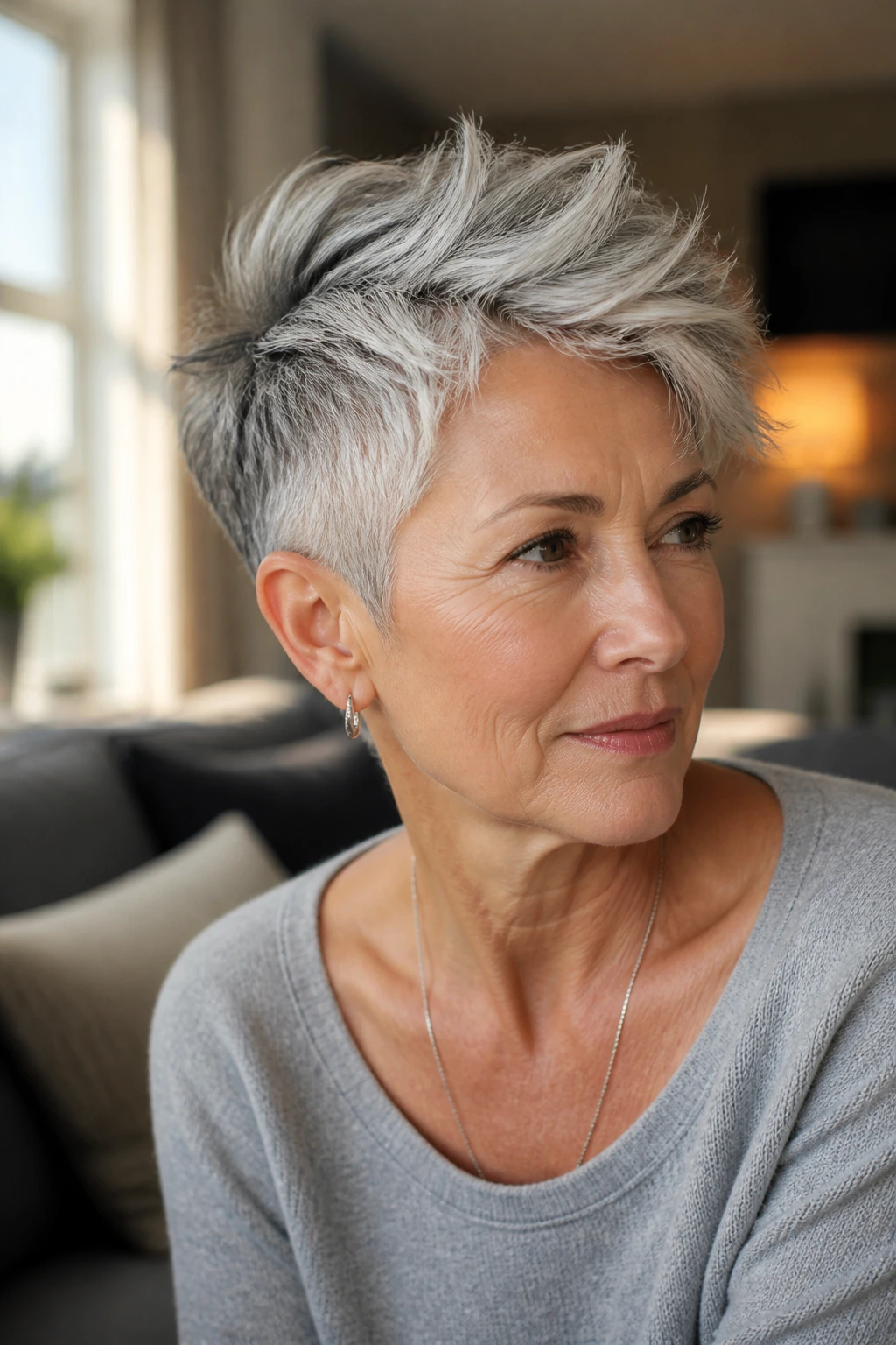 Portrait of a real woman with long top and short sides pixie showing top length.