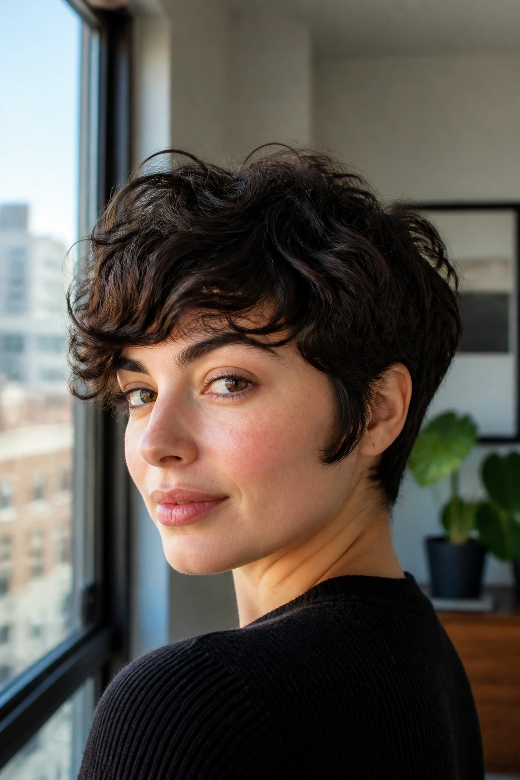 Portrait of a woman with a longer top pixie and extended sideburns, softly framing the face.