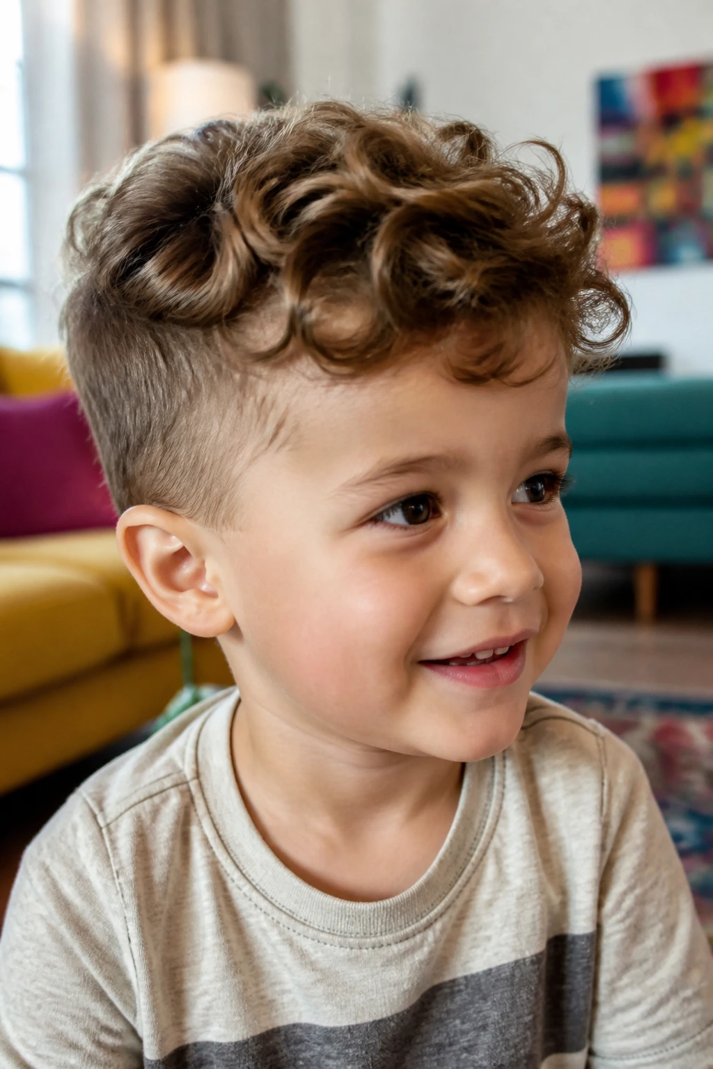 Close-up portrait of a real toddler boy with long-on-top short-back pixie in a bright living room