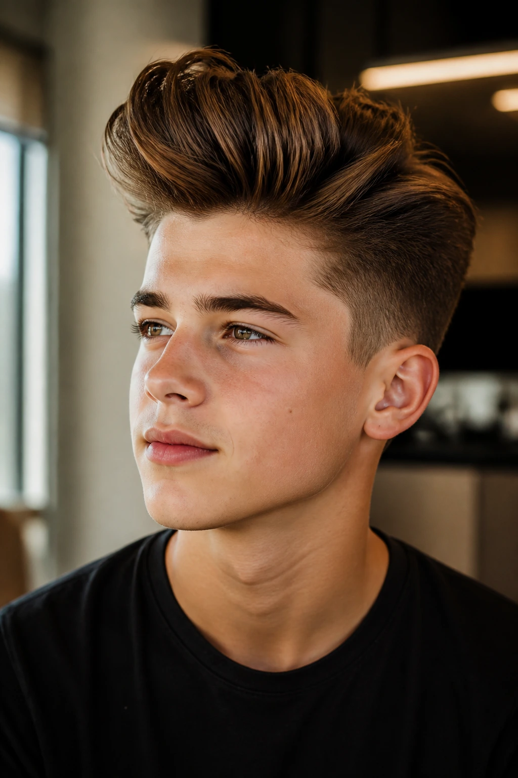 Close-up portrait of a real boy with a long-top quiff