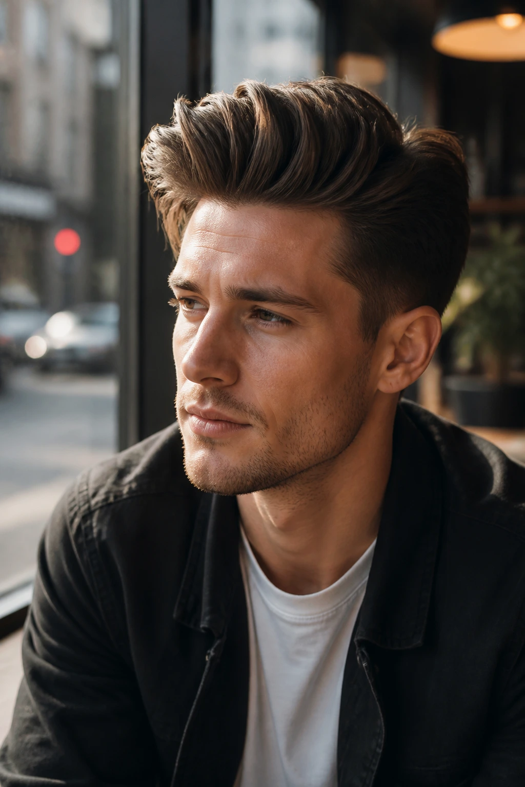 Medium close-up of a real person with a long top quiff in a cafe setting.