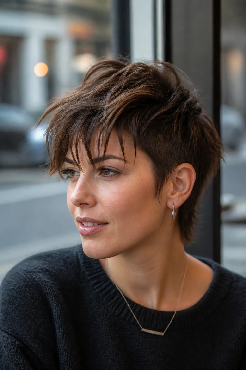 Close-up portrait of a real woman with long-top short-sides shag showing forward-falling top and short sides