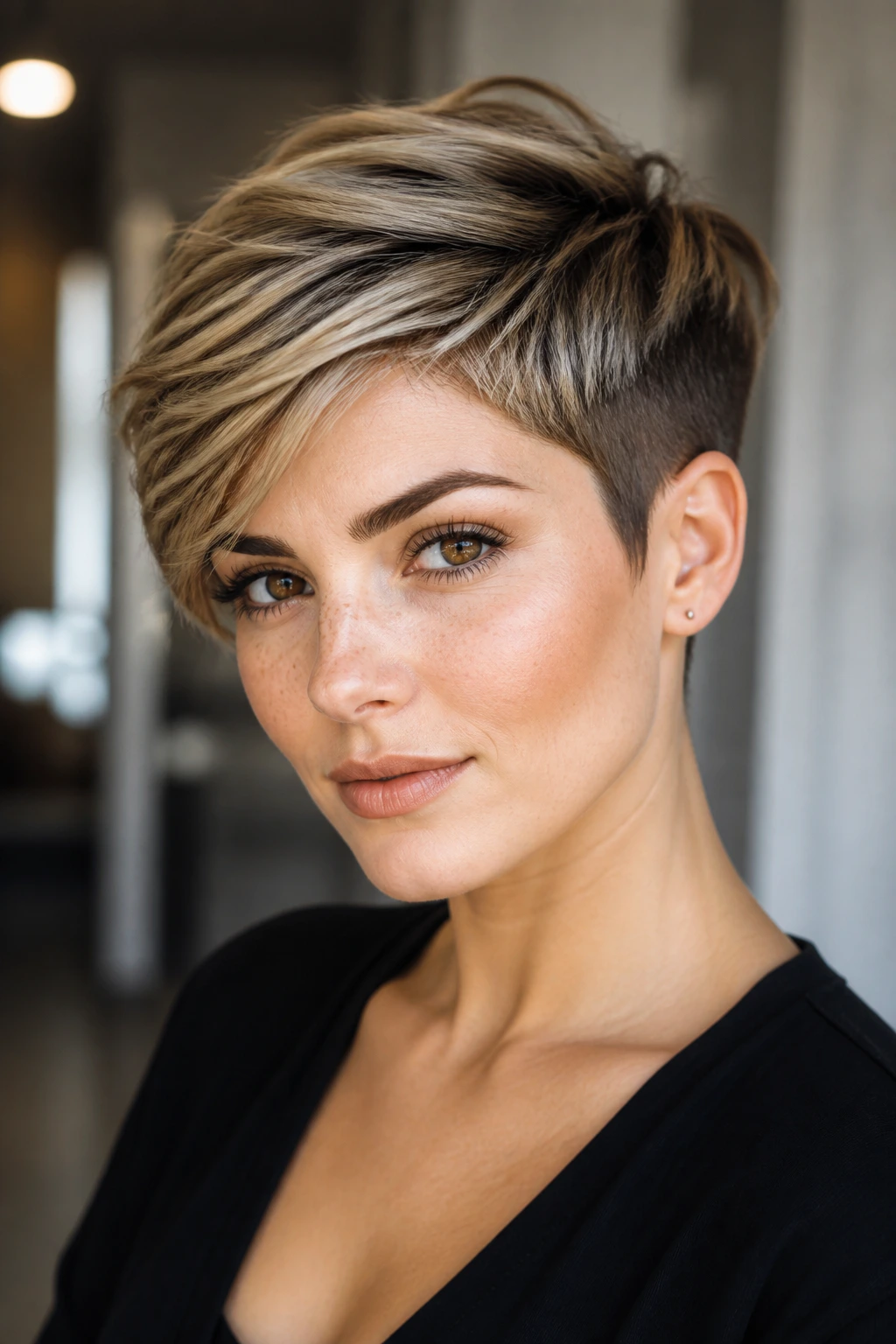 Portrait of a woman with long-top short-sides pixie.