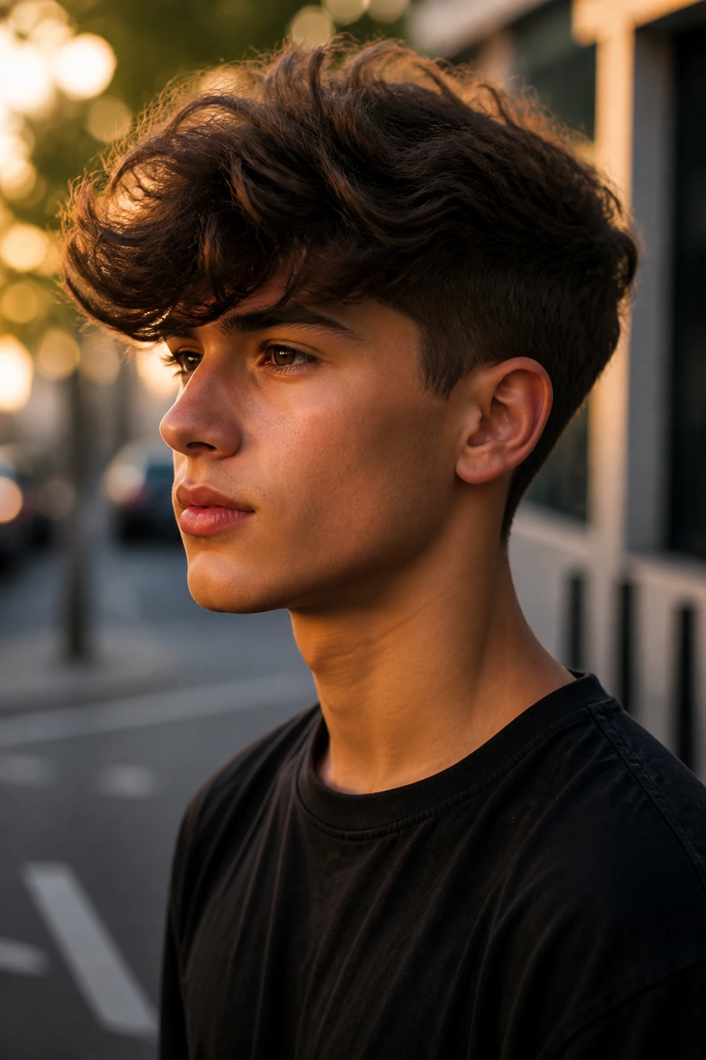 Portrait of a boy with long top and short sides hairstyle outdoors