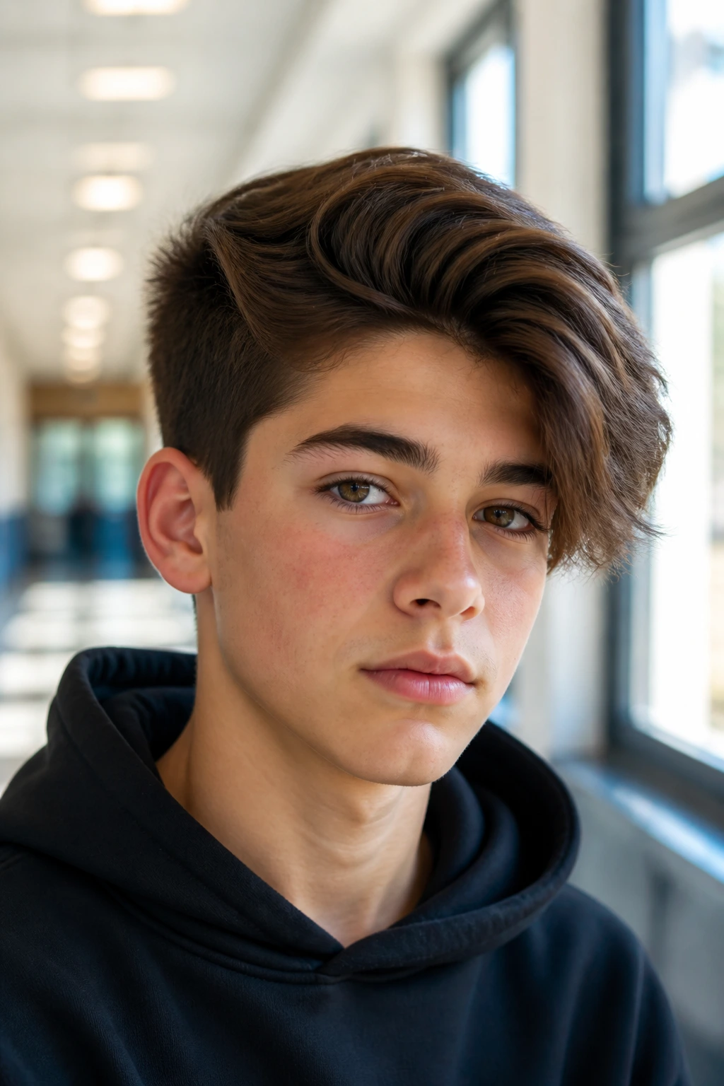 Close-up of a boy with a long-top swoop hairstyle and layered top in a well-lit hallway