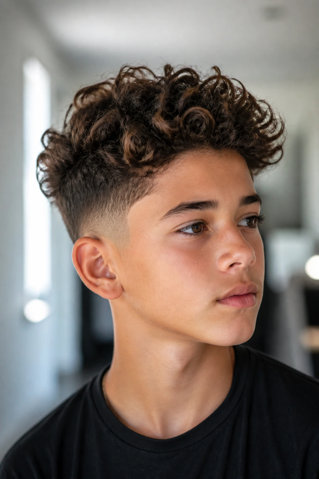 Boy with long curly top and tight tapered sides in a bright home setting