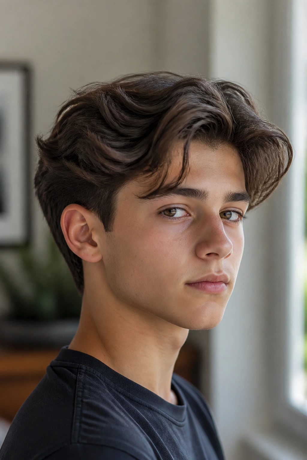 Boy with long top and tapered clean-up hairstyle in a school setting