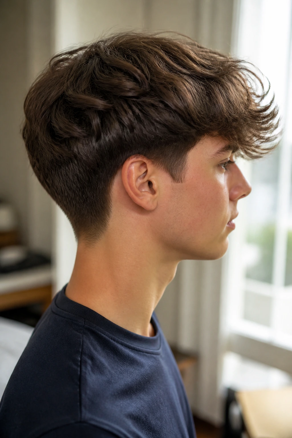 Boy with long top and tapered nape haircut in natural light