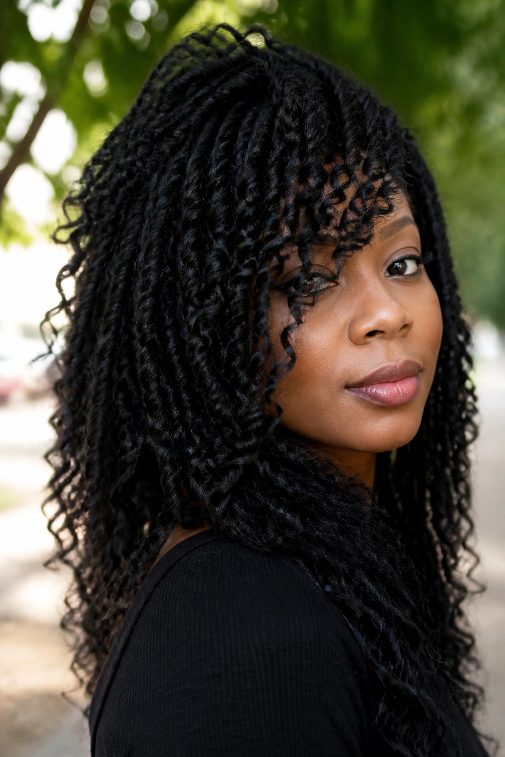 Close-up of real person with long twist-out and front-angle curls