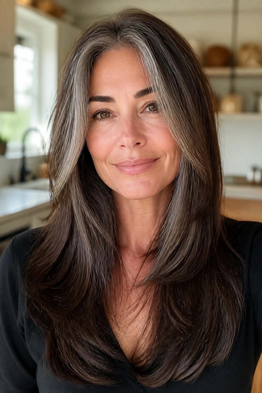 Close-up of a real woman with long U-cut and face-framing pieces showing grey through brunette length