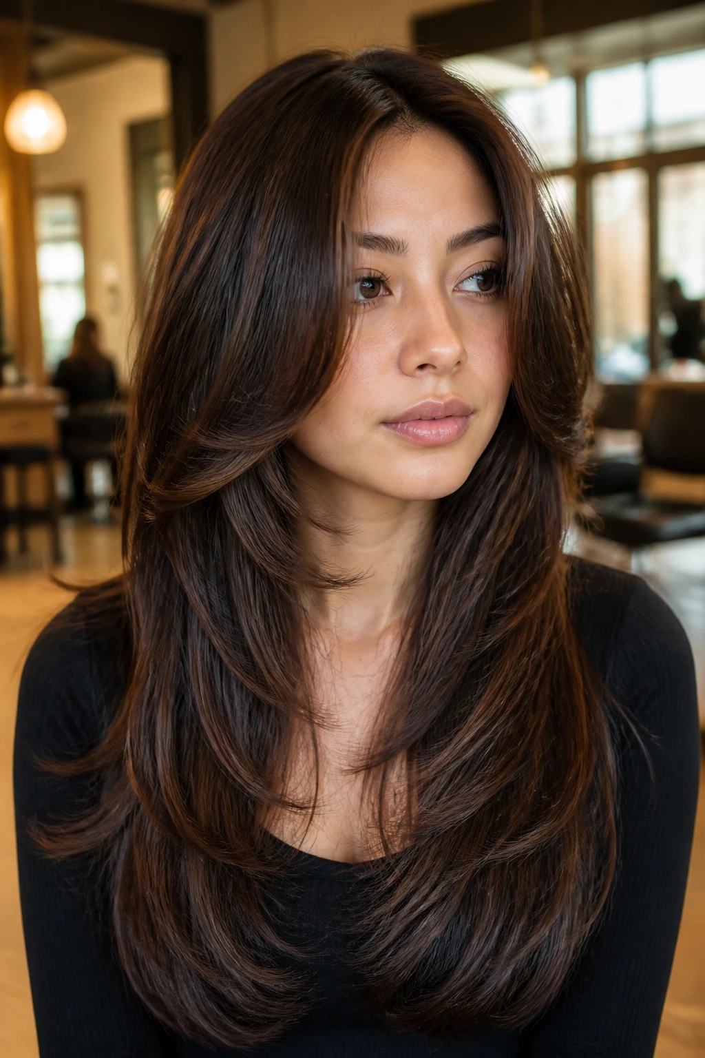 Close-up portrait of a real woman with a long U-cut and feathered front layers