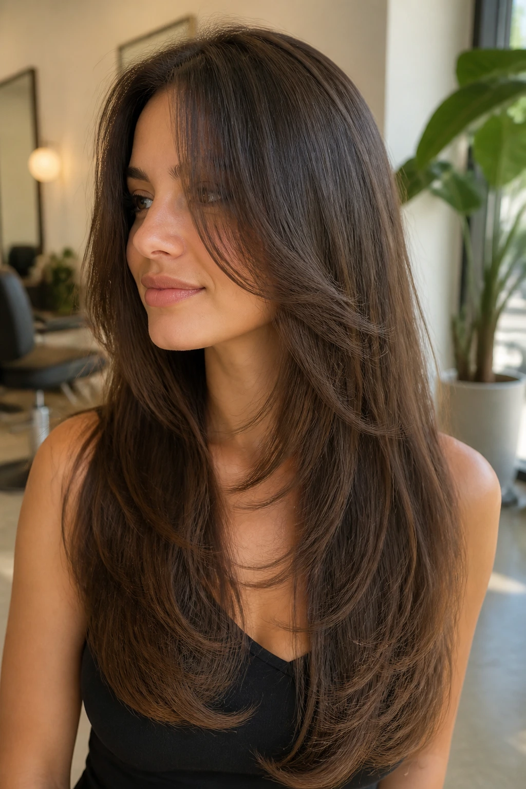 Close-up portrait of a real woman with a long U-cut and floating front layers in a sunlit salon