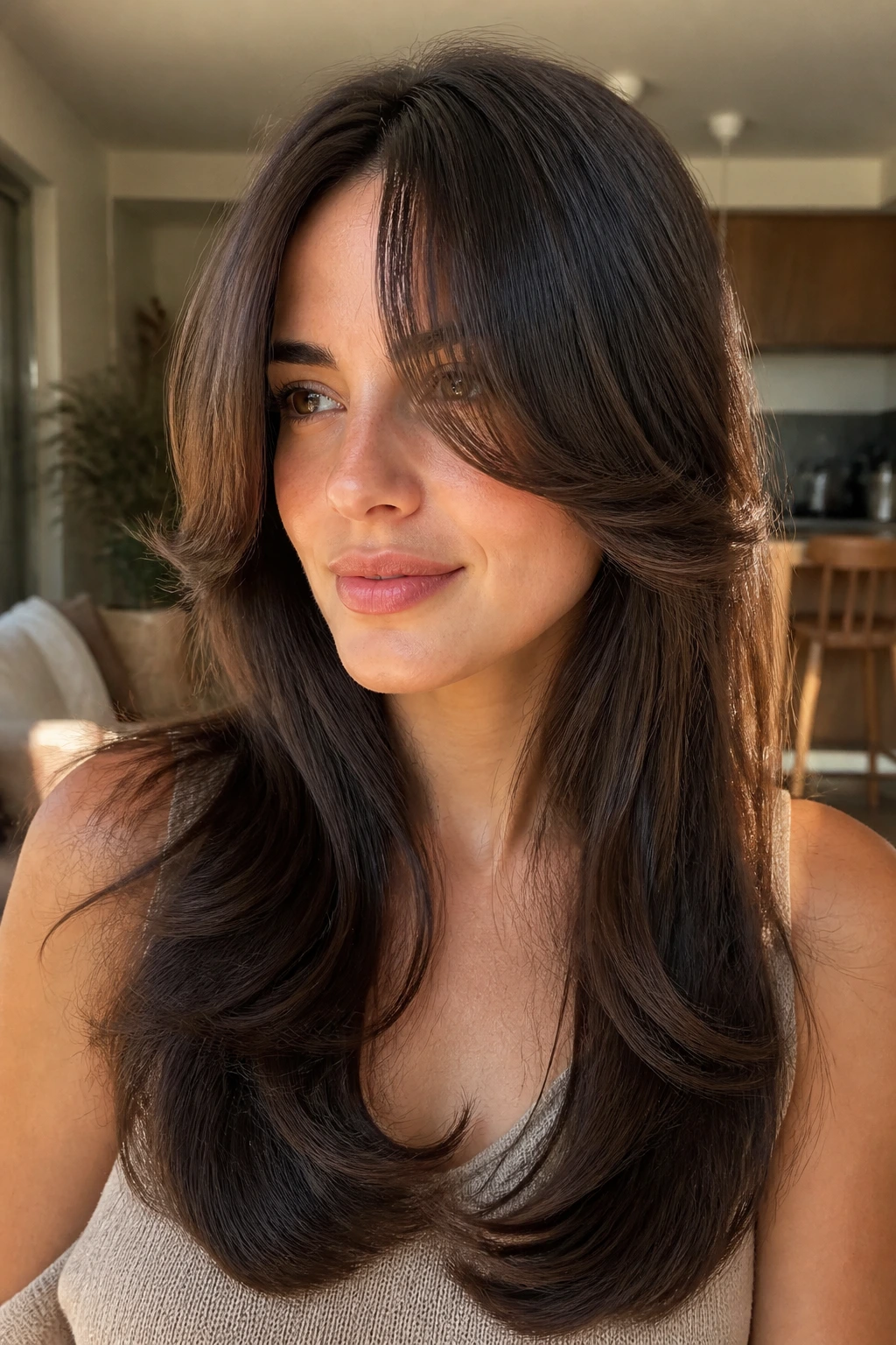 Close-up of a real woman with long U-cut layers and rounded fringe
