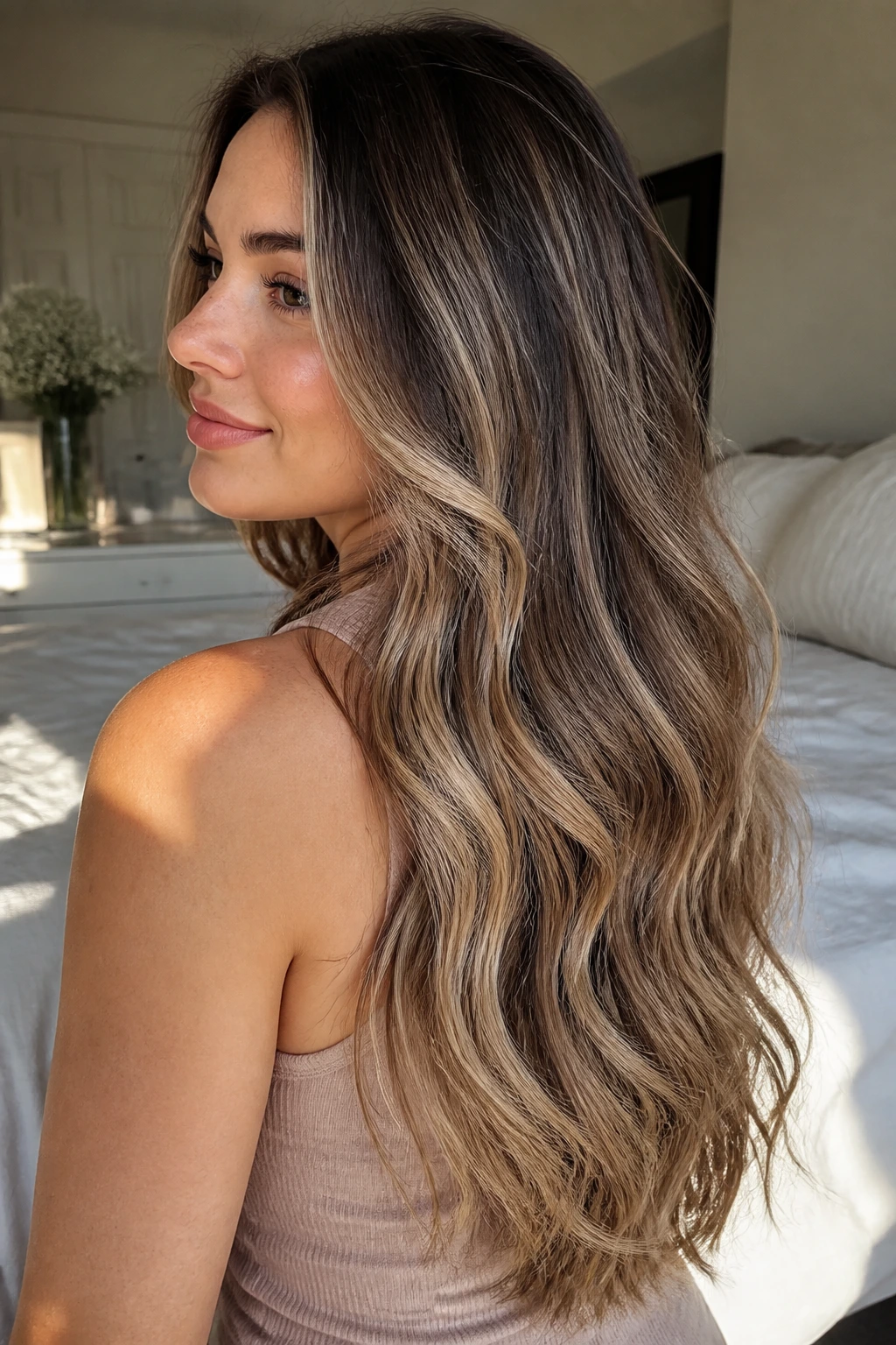 Close-up of a woman with long U-cut and loose babylight waves.