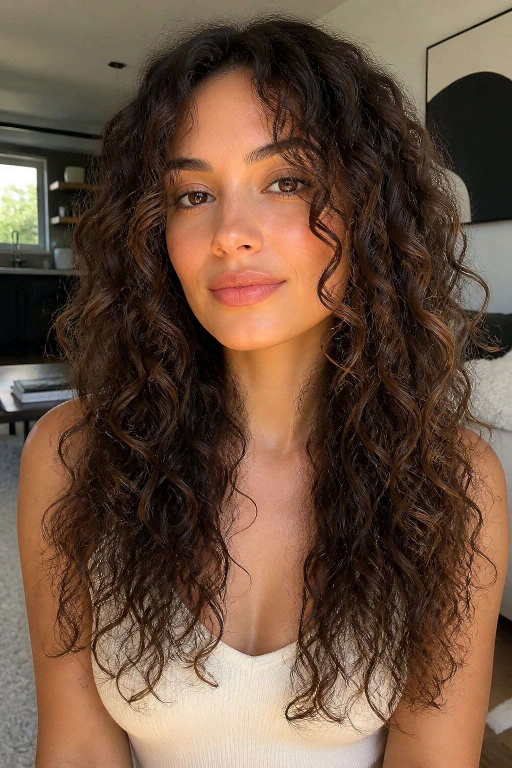 Close-up of a real woman with long U-shaped curls and face-framing pieces