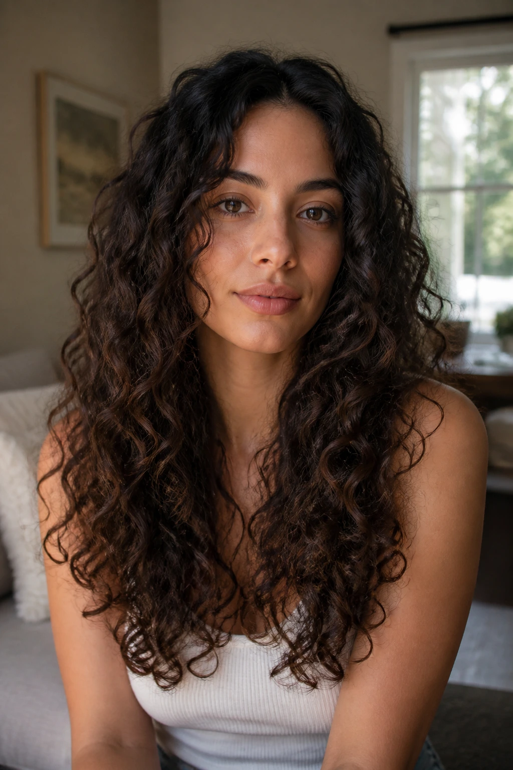 Close-up of real woman with long U-shaped curls and minimal face framing