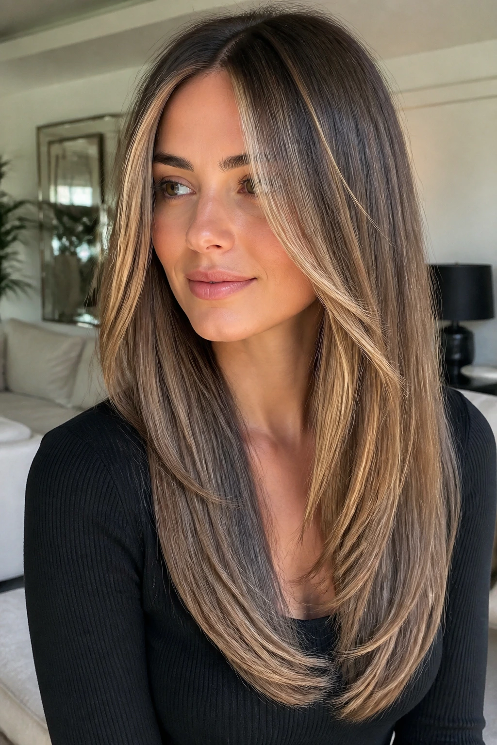 Real woman with long U-shaped haircut and face-framing babylights