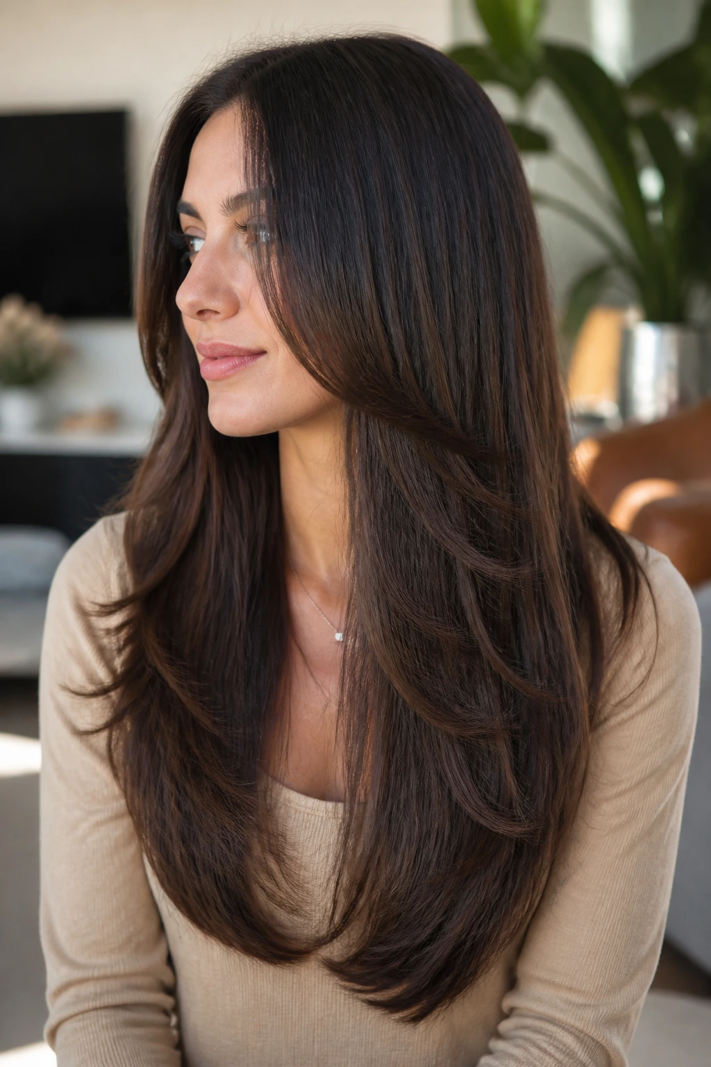 Close-up of a real person with a long U-shaped cut and feathered sides