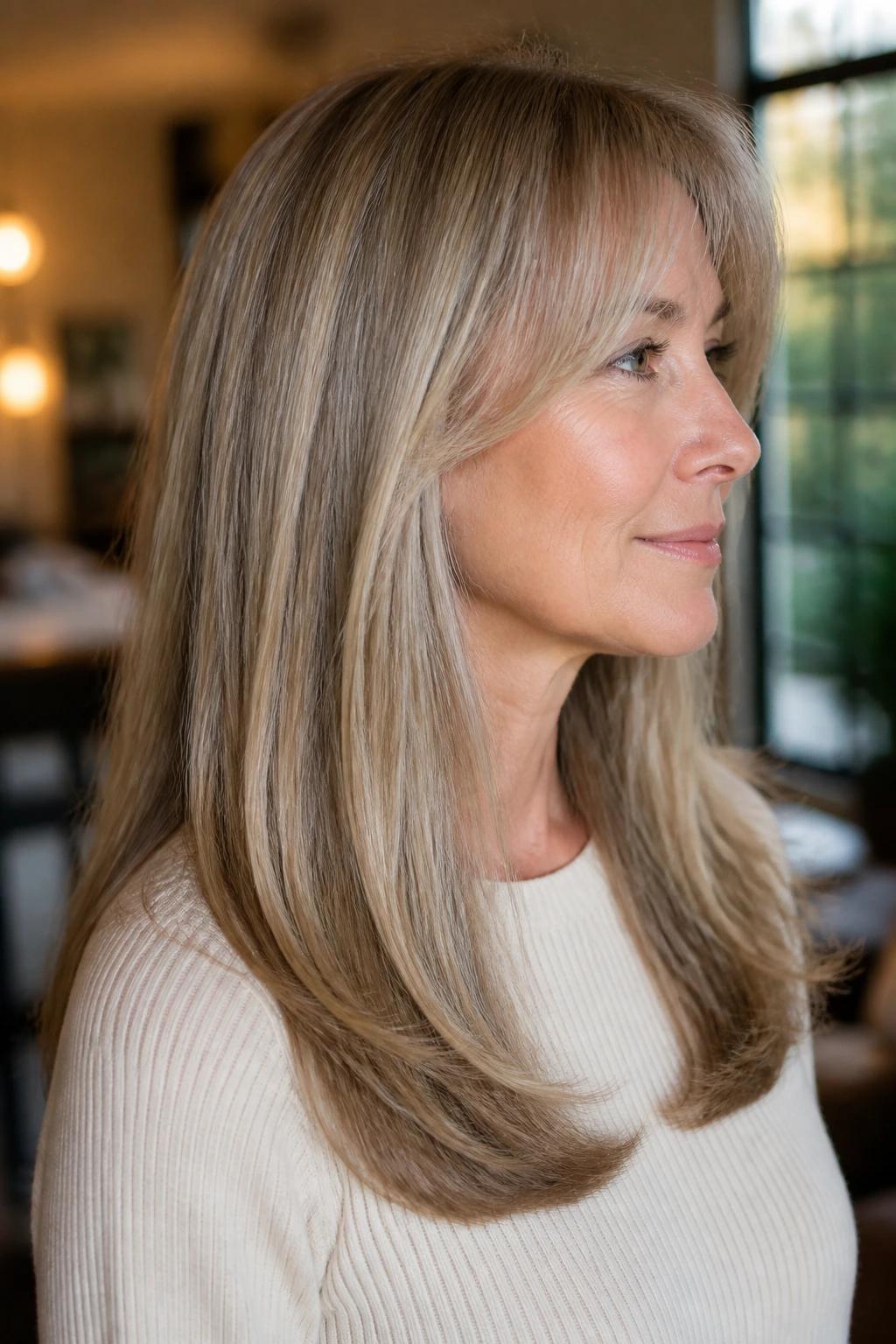 Side-profile of a woman with a long U-shaped haircut