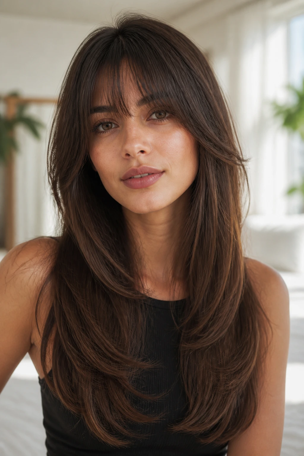 Woman with long U-shaped layers and light brow fringe