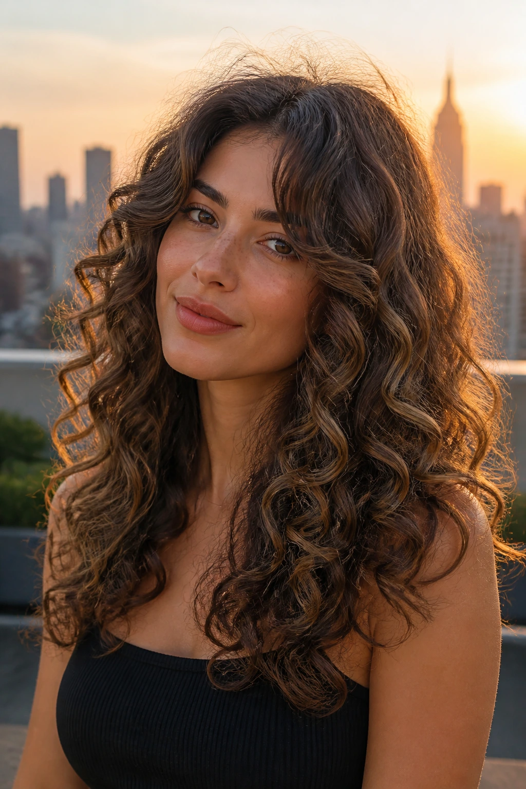Close-up portrait of a real woman with long U-shaped layers and front draping