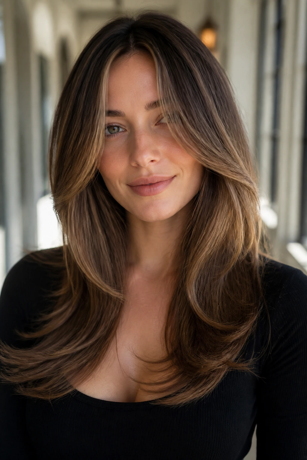 Portrait showing long U-shape bottom with cheekbone sweep hairstyle