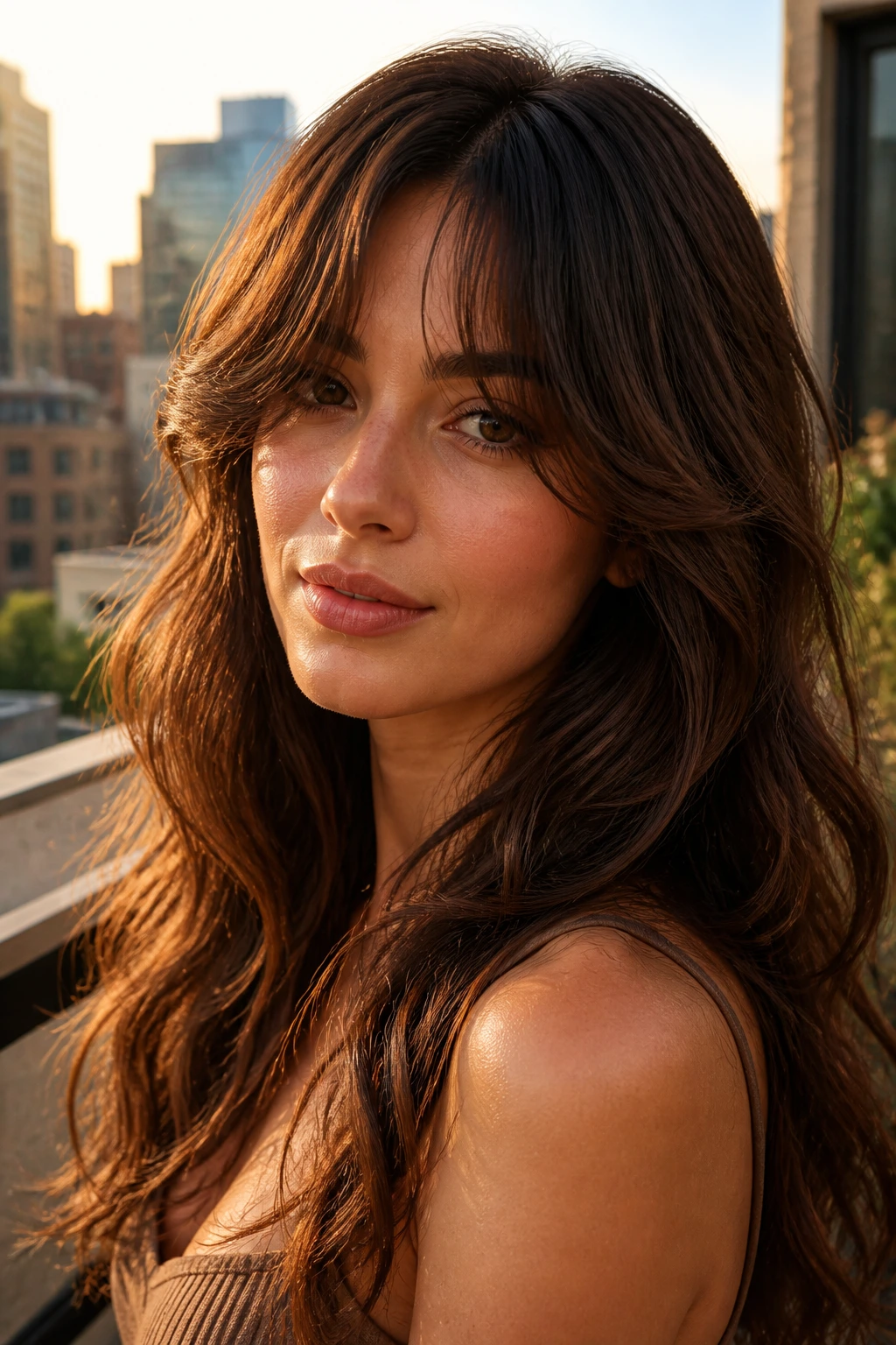 Close-up of real person with long U shaped fringe at golden hour