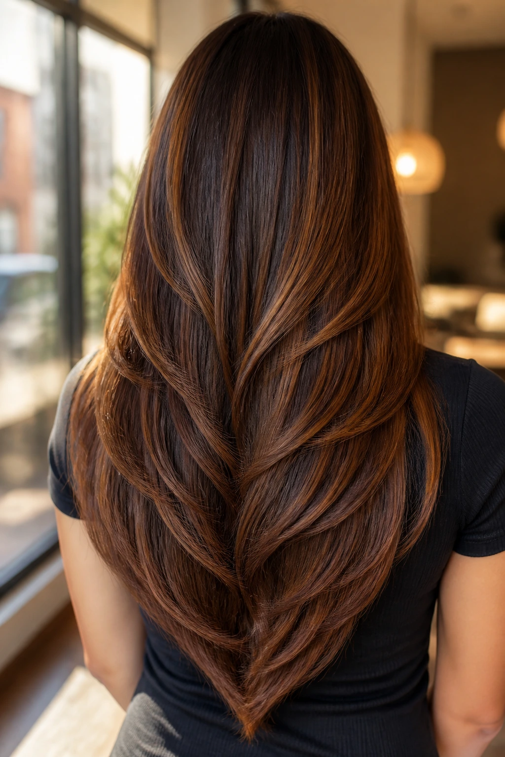 Back view of a real woman with a long V-cut and cinnamon babylights